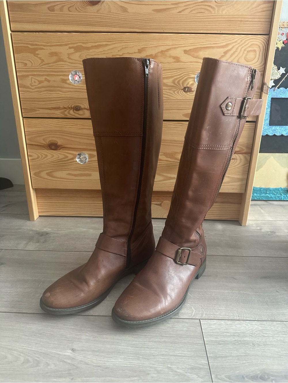 2/$25 ALDO Brown Leather Knee-High Boots with Zipper Closing and Buckle Accents